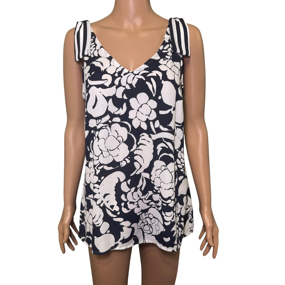 Cabi Siren Tank 5731 Navy‎ Blue White Floral Striped Tie Shoulder Top Womens S